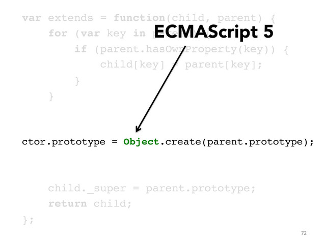 var extends = function(child, parent) {!
for (var key in parent) {!
if (parent.hasOwnProperty(key)) {!
child[key] = parent[key];!
}!
}!
!
!
ctor.prototype = Object.create(parent.prototype);!
!
!
child._super = parent.prototype;!
return child;!
};	  
72	  
ECMAScript 5
