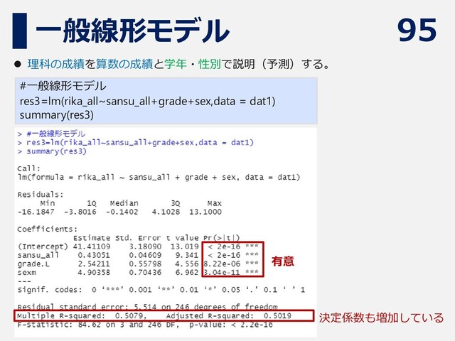 95
一般線形モデル
#一般線形モデル
res3=lm(rika_all~sansu_all+grade+sex,data = dat1)
summary(res3)
⚫ 理科の成績を算数の成績と学年・性別で説明（予測）する。
有意
決定係数も増加している
