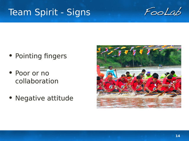 14
Team Spirit - Signs
• Pointing fingers
• Poor or no
collaboration
• Negative attitude

