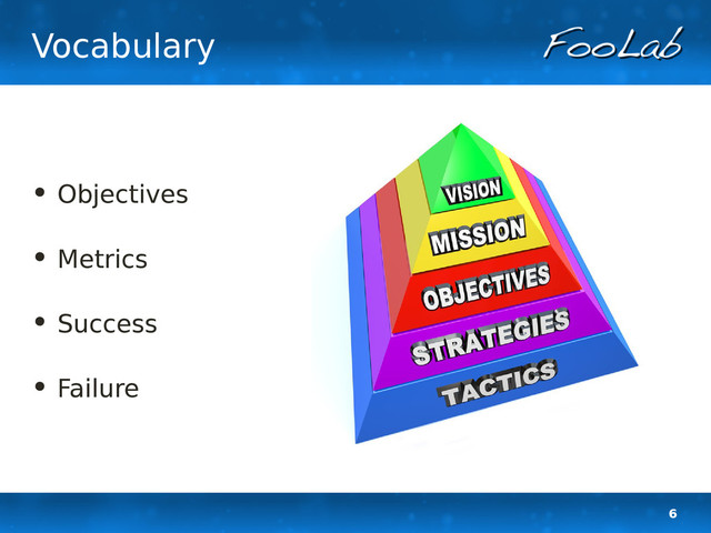 6
Vocabulary
• Objectives
• Metrics
• Success
• Failure
