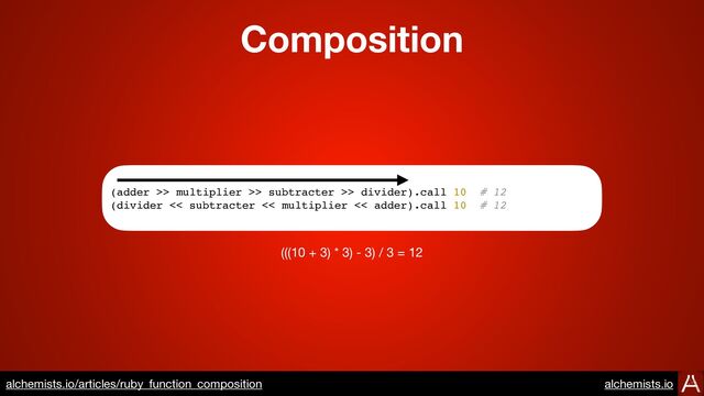 Composition
https://www.alchemists.io/articles/ruby_function_composition
(adder >> multiplier >> subtracter >> divider).call 10 # 12
(divider << subtracter << multiplier << adder).call 10 # 12
(((10 + 3) * 3) - 3) / 3 = 12
