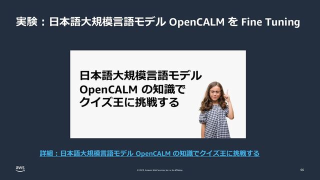© 2023, Amazon Web Services, Inc. or its affiliates.
実験 : 日本語大規模言語モデル OpenCALM を Fine Tuning
66
詳細 : 日本語大規模言語モデル OpenCALM の知識でクイズ王に挑戦する
