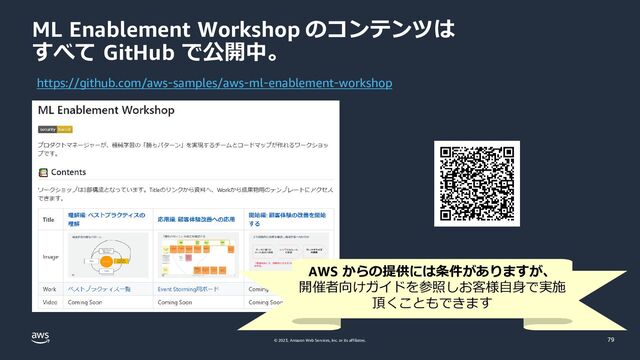 © 2023, Amazon Web Services, Inc. or its affiliates.
ML Enablement Workshop のコンテンツは
すべて GitHub で公開中。
https://github.com/aws-samples/aws-ml-enablement-workshop
AWS からの提供には条件がありますが、
開催者向けガイドを参照しお客様自身で実施
頂くこともできます
79
