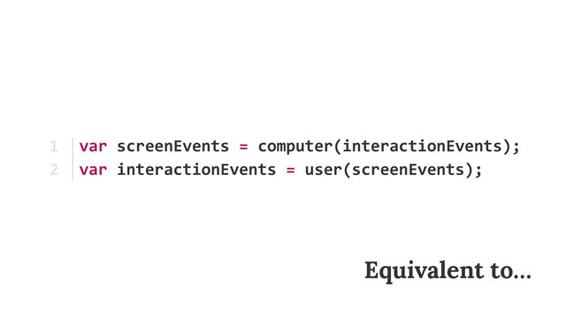 var	  screenEvents	  =	  computer(interactionEvents); 
var	  interactionEvents	  =	  user(screenEvents);
1	  
2
Equivalent to…
