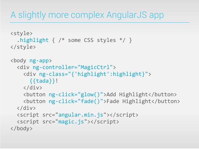 A slightly more complex AngularJS app

	  	  .highlight	  {	  /*	  some	  CSS	  styles	  */	  }


	  	  <div>
	  	  	  	  <div>
	  	  	  	  	  	  {{tada}}!
	  	  	  	  </div>
	  	  	  	  Add	  Highlight
	  	  	  	  Fade	  Highlight
	  	  </div>
	  	  
	  	  


