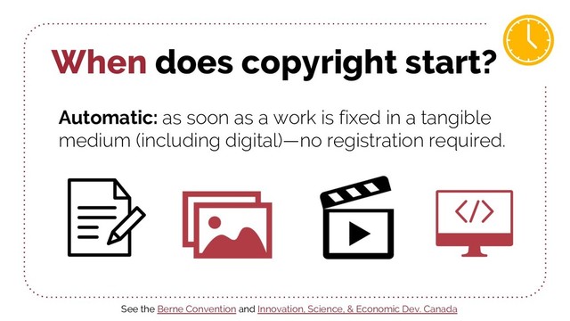 When does copyright start?
Automatic: as soon as a work is fixed in a tangible
medium (including digital)—no registration required.
See the Berne Convention and Innovation, Science, & Economic Dev. Canada
