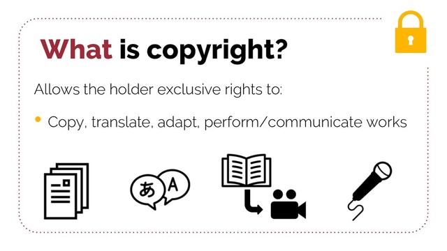 What is copyright?
Allows the holder exclusive rights to:
• Copy, translate, adapt, perform/communicate works
