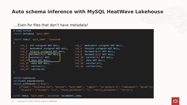 Auto schema inference with MySQL HeatWave Lakehouse
…Even for files that don’t have metadata!
21 Copyright © 2023, Oracle and/or its affiliates
