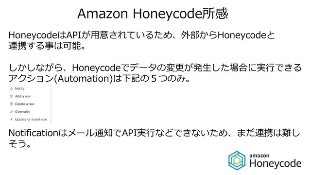 Amazon Honeycode所感
HoneycodeはAPIが⽤意されているため、外部からHoneycodeと
連携する事は可能。
しかしながら、Honeycodeでデータの変更が発⽣した場合に実⾏できる
アクション(Automation)は下記の５つのみ。
Notificationはメール通知でAPI実⾏などできないため、まだ連携は難し
そう。
