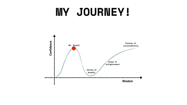 MY JOURNEY!
Conﬁdence
Wisdom
Mt. Stupid
Valley of
despair
Slope of
enlightenment
Plateau of
sustainability
