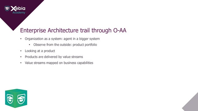 Enterprise Architecture trail through O-AA
• Organization as a system: agent in a bigger system
• Observe from the outside: product portfolio
• Looking at a product
• Products are delivered by value streams
• Value streams mapped on business capabilities

