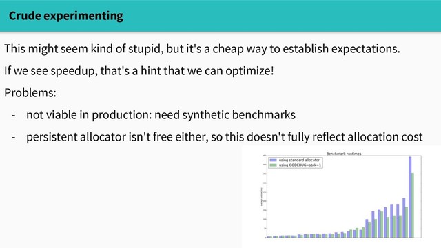 This might seem kind of stupid, but it's a cheap way to establish expectations.
If we see speedup, that's a hint that we can optimize!
Problems:
- not viable in production: need synthetic benchmarks
- persistent allocator isn't free either, so this doesn't fully reflect allocation cost
Crude experimenting
