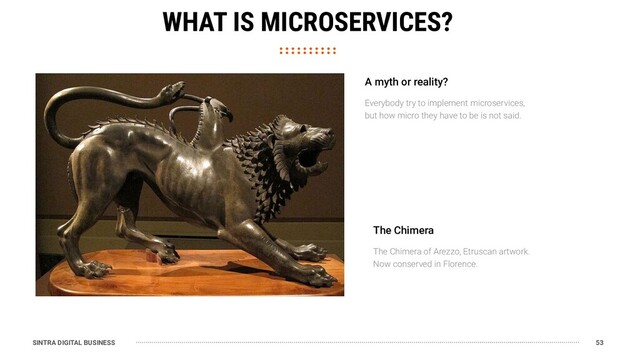 SINTRA DIGITAL BUSINESS 53
WHAT IS MICROSERVICES?
The Chimera of Arezzo, Etruscan artwork.
Now conserved in Florence.
The Chimera
Everybody try to implement microservices,
but how micro they have to be is not said.
A myth or reality?

