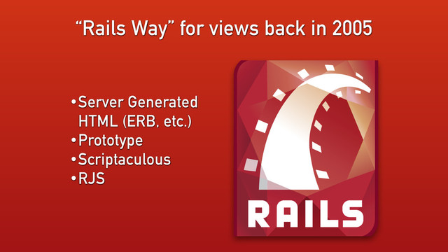 “Rails Way” for views back in 2005
•Server Generated
HTML (ERB, etc.)
•Prototype
•Scriptaculous
•RJS
