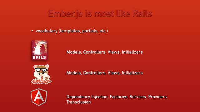 Ember.js is most like Rails
• vocabulary (templates, partials, etc.)
Dependency Injection, Factories, Services, Providers, 
Transclusion
Models, Controllers, Views, Initializers
Models, Controllers, Views, Initializers
