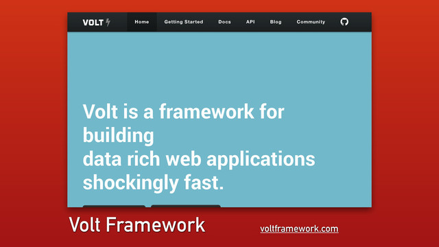 voltframework.com
Volt Framework
Volt is a framework for
building
data rich web applications
shockingly fast.
Play Video ! Get Started "
Home Getting Started Docs API Blog Community #
