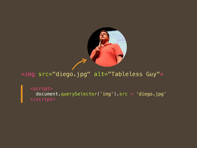 <img src="diego.jpg" alt="Tableless Guy">

document.querySelector('img').src = 'diego.jpg'

