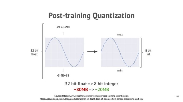 Post-training Quantization
Source: https://www.tensorflow.org/performance/post_training_quantization
https://cloud.google.com/blog/products/gcp/an-in-depth-look-at-googles-first-tensor-processing-unit-tpu
32 bit float => 8 bit integer
~80MB => ~20MB
!46
