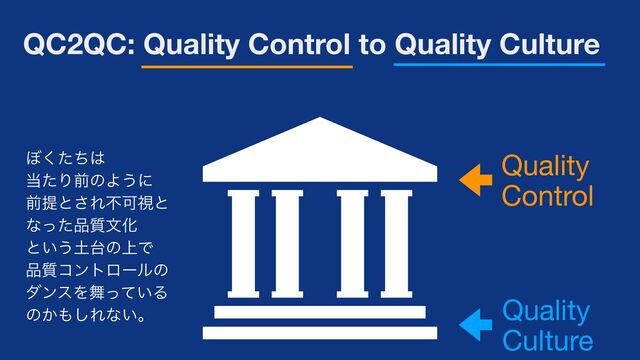 QC2QC: Quality Control to Quality Culture
Quality 
Control
Quality 
Culture
΅ͨͪ͘͸
౰ͨΓલͷΑ͏ʹ
લఏͱ͞ΕෆՄࢹͱ
ͳͬͨ඼࣭จԽ
ͱ͍͏౔୆ͷ্Ͱ
඼࣭ίϯτϩʔϧͷ
μϯεΛ෣͍ͬͯΔ
ͷ͔΋͠Εͳ͍ɻ
