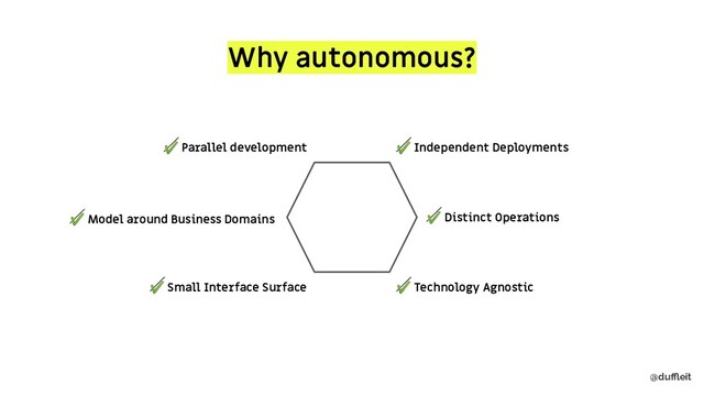 @duﬄeit
Why autonomous?
✔ Independent Deployments
✔ Distinct Operations
✔ Technology Agnostic
✔ Model around Business Domains
✔ Small Interface Surface
✔ Parallel development
