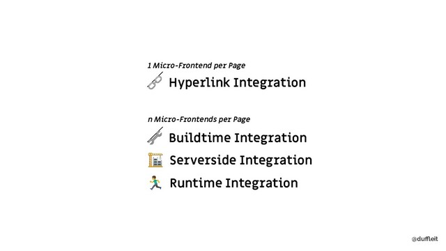 @duﬄeit
1 Micro-Frontend per Page
 Hyperlink Integration
n Micro-Frontends per Page
 Buildtime Integration
 Serverside Integration
 Runtime Integration
