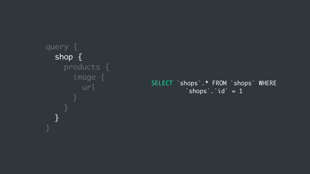 query {
shop {
products {
image {
url
}
}
}
}
SELECT `shops`.* FROM `shops` WHERE
`shops`.`id` = 1
