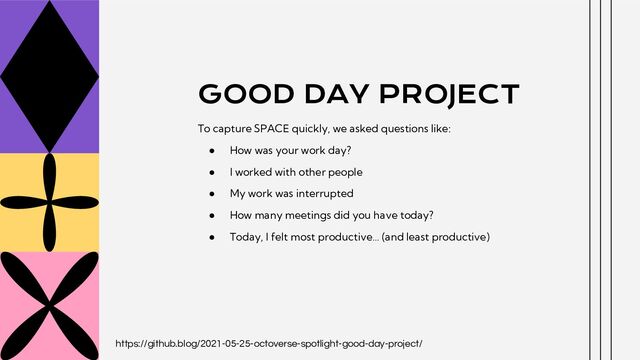 GOOD DAY PROJECT
To capture SPACE quickly, we asked questions like:
● How was your work day?
● I worked with other people
● My work was interrupted
● How many meetings did you have today?
● Today, I felt most productive… (and least productive)
https://github.blog/2021-05-25-octoverse-spotlight-good-day-project/
