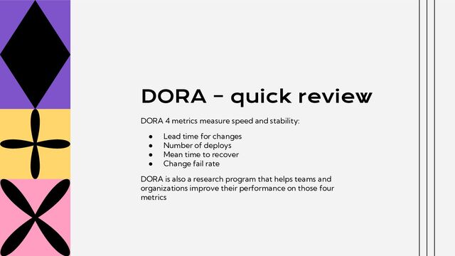 DORA – quick review
DORA 4 metrics measure speed and stability:
● Lead time for changes
● Number of deploys
● Mean time to recover
● Change fail rate
DORA is also a research program that helps teams and
organizations improve their performance on those four
metrics
