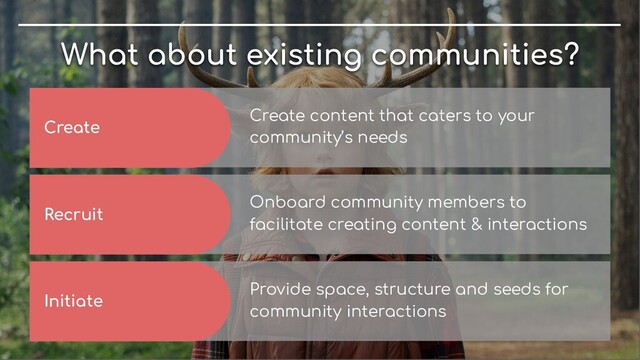 What about existing communities?
Create
Create content that caters to your
community’s needs
Recruit
Onboard community members to
facilitate creating content & interactions
Initiate
Provide space, structure and seeds for
community interactions
