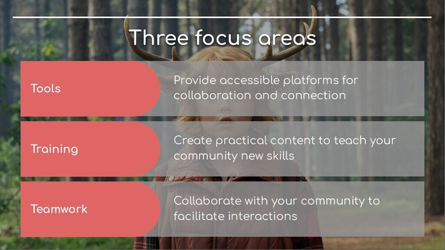 Three focus areas
Training
Create practical content to teach your
community new skills
Teamwork
Collaborate with your community to
facilitate interactions
Provide accessible platforms for
collaboration and connection
Tools
