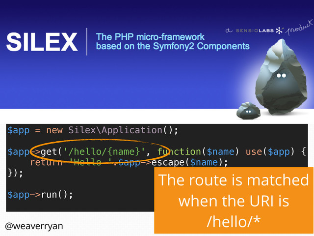 require_once __DIR__.'/vendor/autoload.php'; 
 
$app = new Silex\Application(); 
 
$app->get('/hello/{name}', function($name) use($app) { 
return 'Hello '.$app->escape($name); 
}); 
 
$app->run(); 
The route is matched
when the URI is
/hello/*
@weaverryan
