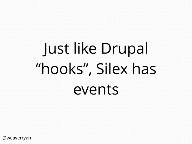 Just like Drupal
“hooks”, Silex has
events
@weaverryan
