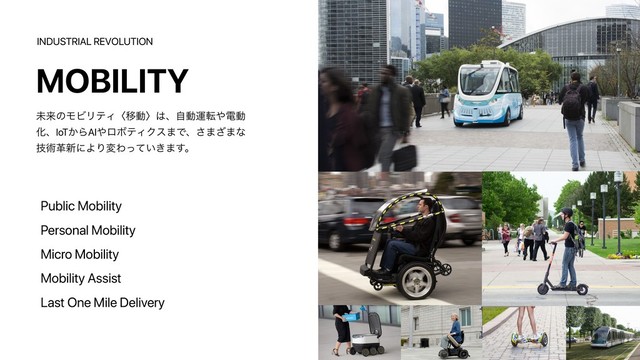 Micro Mobility
Mobility Assist
Last One Mile Delivery
INDUSTRIAL REVOLUTION
MOBILITY
ະདྷͷϞϏϦςΟʪҠಈʫ͸ɺࣗಈӡస΍ిಈ
ԽɺIoT͔ΒAI΍ϩϘςΟΫε·Ͱɺ͞·͟·ͳ
ٕज़ֵ৽ʹΑΓมΘ͍͖ͬͯ·͢ɻ
Public Mobility
Personal Mobility

