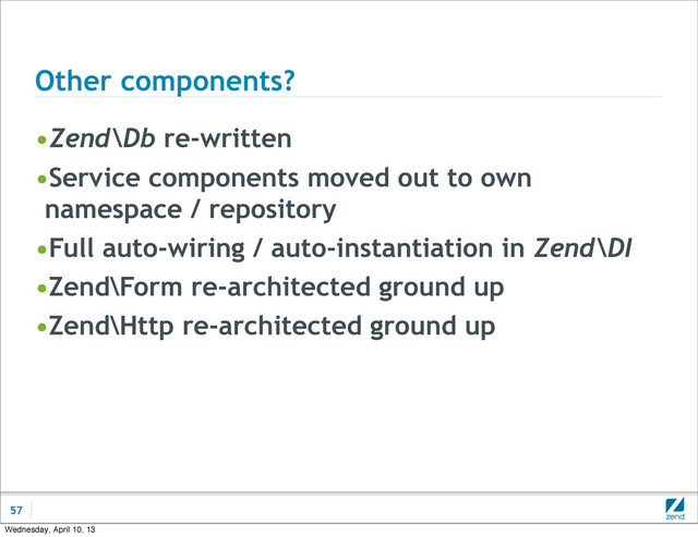 Other components?
•Zend\Db re-written
•Service components moved out to own
namespace / repository
•Full auto-wiring / auto-instantiation in Zend\DI
•Zend\Form re-architected ground up
•Zend\Http re-architected ground up
57
Wednesday, April 10, 13
