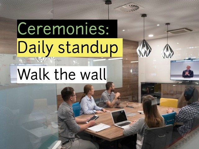 Ceremonies:
Daily standup
Walk the wall
