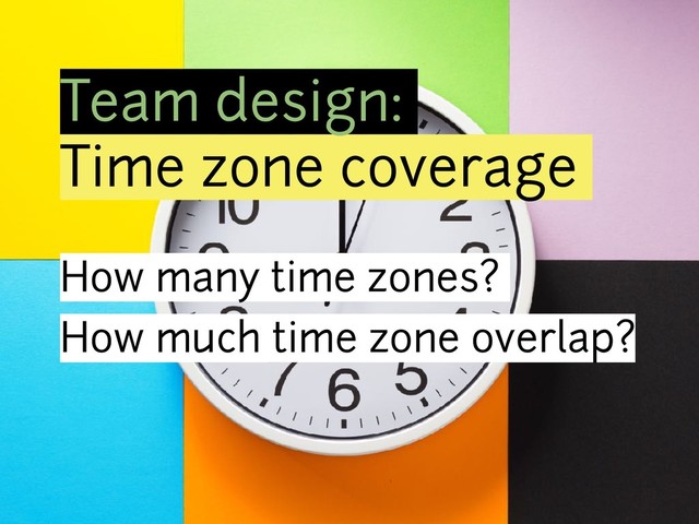 Team design:
Time zone coverage
How many time zones?
How much time zone overlap?
