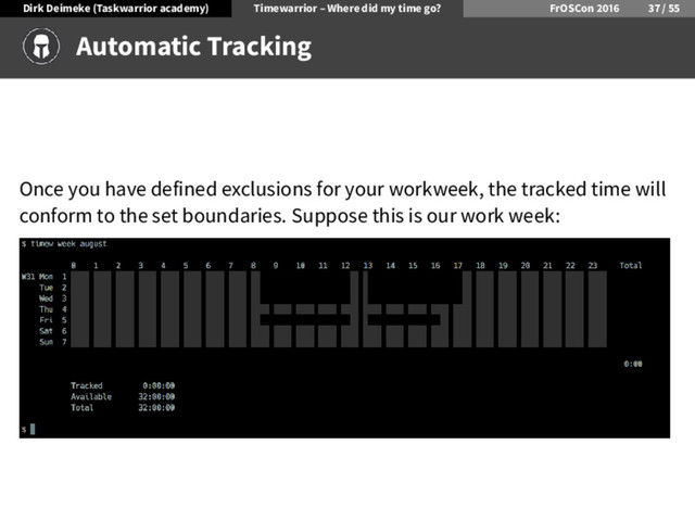 Dirk Deimeke (Taskwarrior academy) Timewarrior – Where did my time go? FrOSCon /
Automatic Tracking
Once you have defined exclusions for your workweek, the tracked time will
conform to the set boundaries. Suppose this is our work week:
