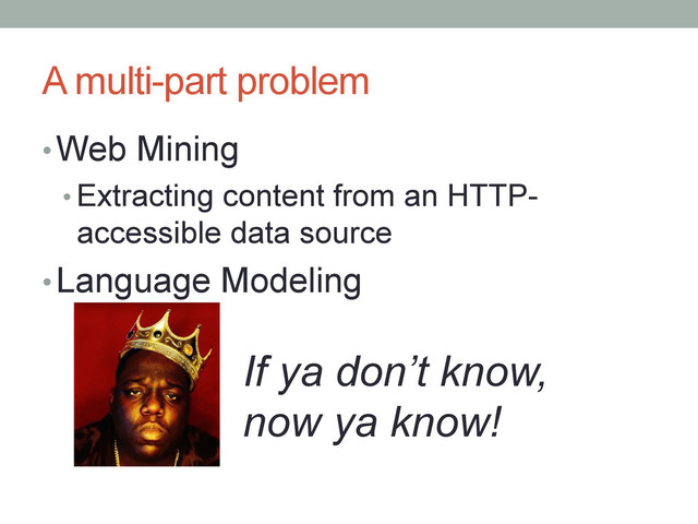 A multi-part problem
• Web Mining
• Extracting content from an HTTP-
accessible data source
• Language Modeling
If ya don’t know,
now ya know!
