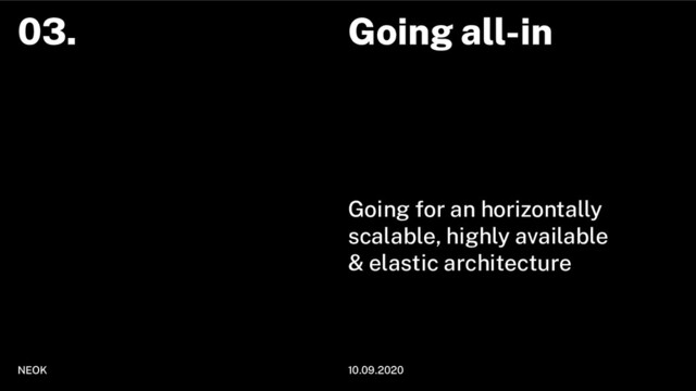 Going all-in
Going for an horizontally
scalable, highly available
& elastic architecture
NEOK 10.09.2020
03.

