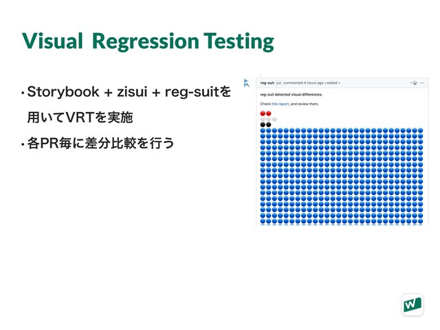 Visual Regression Testing
w4UPSZCPPL[JTVJSFHTVJUΛ 
༻͍ͯ735Λ࣮ࢪ
w֤13ຖʹࠩ෼ൺֱΛߦ͏
