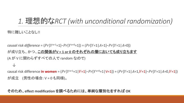 1. 理想的なRCT (with unconditional randomization)
特に難しいことなし!!
causal risk difference = ([=1=1]−[=0=1]) = ([=1|=1]−[=1|=0])
が成り立ち、かつ、この関係がV = 1 or 0 のそれぞれの層においても成り立ちます
(A が V に関わらずすべての人で random なので)
↓
causal risk difference in women = ([=1=1|=1]−[=0=1|V=1]) = ([=1|=1,=1]−[=1|=0,=1])
が成立 (男性の場合: V = 0 も同様)。
そのため、effect modification を調べるためには、単純な層別化をすれば OK

