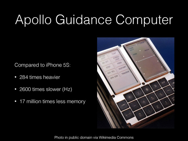 Apollo Guidance Computer
Compared to iPhone 5S:
• 284 times heavier
• 2600 times slower (Hz)
• 17 million times less memory
Photo in public domain via Wikimedia Commons
