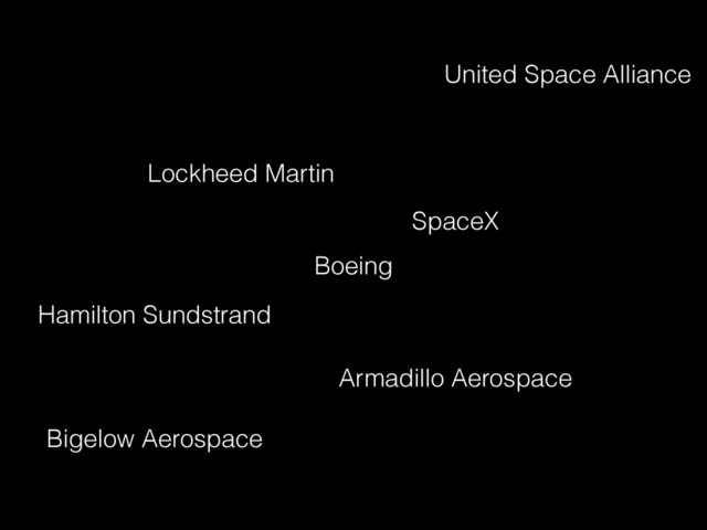 Boeing
Lockheed Martin
United Space Alliance
SpaceX
Bigelow Aerospace
Armadillo Aerospace
Hamilton Sundstrand
