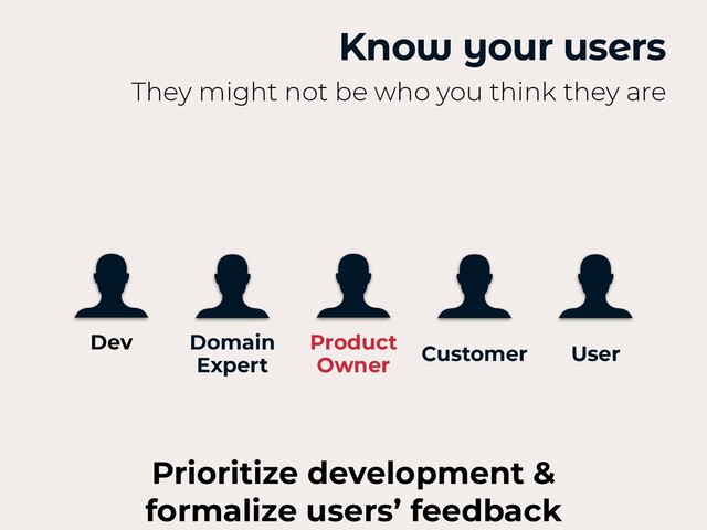 Know your users
They might not be who you think they are
Dev Domain
 
Expert
Product
 
Owner
Customer User
Prioritize development &
formalize users’ feedback
