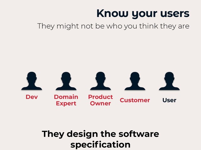 Know your users
They might not be who you think they are
Dev Domain
 
Expert
Product
 
Owner
Customer User
They design the software
speci
fi
cation

