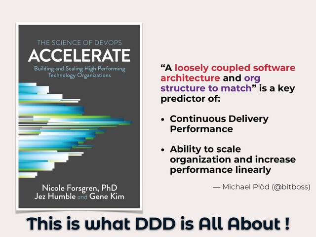 “A loosely coupled software
architecture and org
structure to match” is a key
predictor of:
• Continuous Delivery
Performance
• Ability to scale
organization and increase
performance linearly
This is what DDD is All About !
— Michael Plöd (@bitboss)
