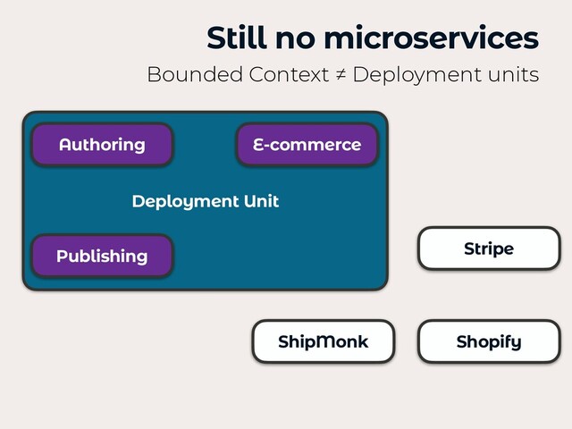 Stripe
Still no microservices
Bounded Context ≠ Deployment units
ShipMonk
Authoring
Publishing
E-commerce
Shopify
Deployment Unit
