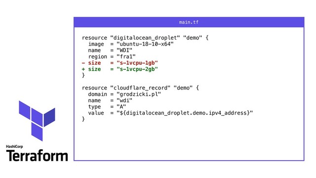 resource "digitalocean_droplet" "demo" { 
image = "ubuntu-18-10-x64" 
name = "WDI" 
region = "fra1" 
- size = "s-1vcpu-1gb" 
+ size = "s-1vcpu-2gb" 
} 
 
resource "cloudflare_record" "demo" { 
domain = "grodzicki.pl" 
name = "wdi" 
type = "A" 
value = "${digitalocean_droplet.demo.ipv4_address}" 
}
main.tf
