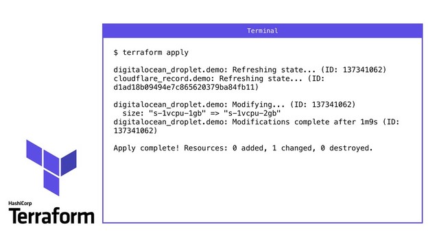 $ terraform apply 
 
digitalocean_droplet.demo: Refreshing state... (ID: 137341062) 
cloudflare_record.demo: Refreshing state... (ID:
d1ad18b09494e7c865620379ba84fb11) 
 
digitalocean_droplet.demo: Modifying... (ID: 137341062) 
size: "s-1vcpu-1gb" => "s-1vcpu-2gb" 
digitalocean_droplet.demo: Modifications complete after 1m9s (ID:
137341062) 
 
Apply complete! Resources: 0 added, 1 changed, 0 destroyed.
Terminal
