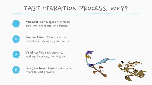 4
3
2
1 Measure: Identify quickly technical
problems, challenges and barriers
Visibility: Find supporters, co-
workers, investors, mentors, etc
Feedback loop: Check how the
market reacts towards your product
Find your beach head: Find a niche
where to start growing
FAST